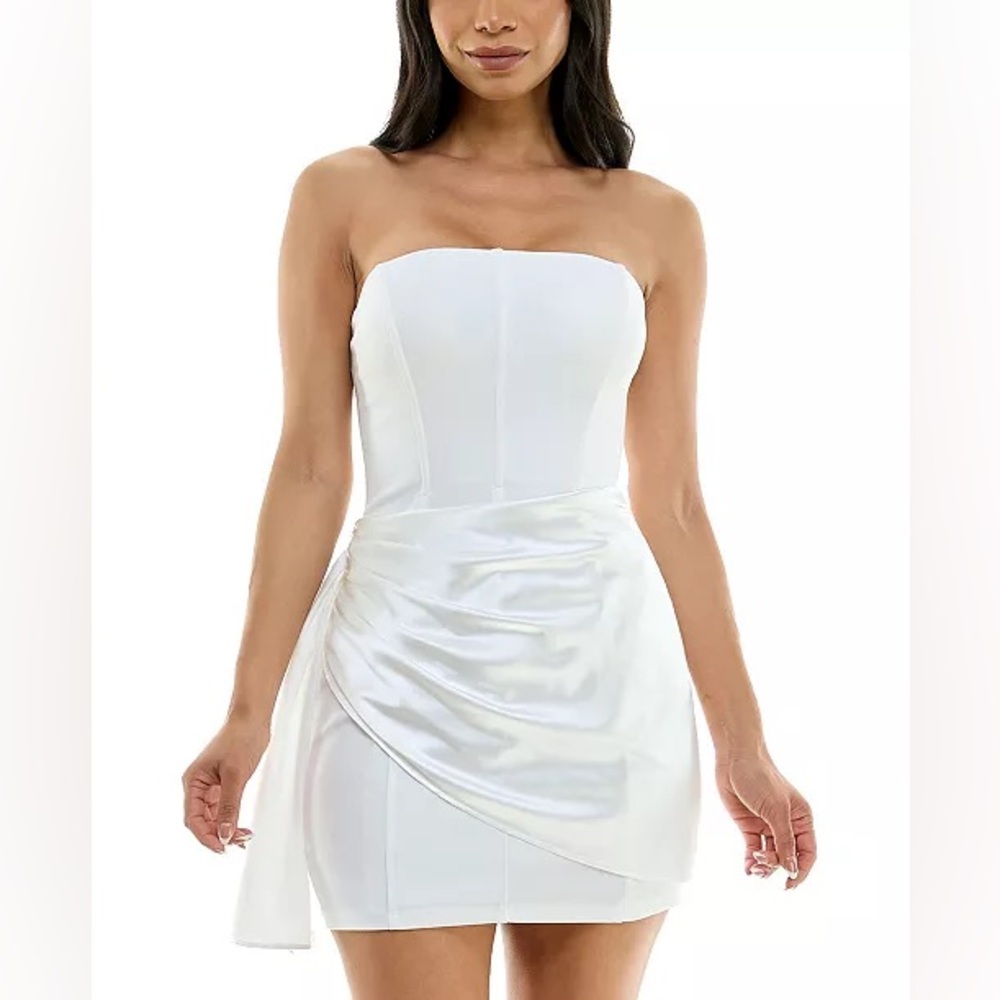 NWT City Studio White Satin Draped Corset Coquette Strapless Mini Dress size 0